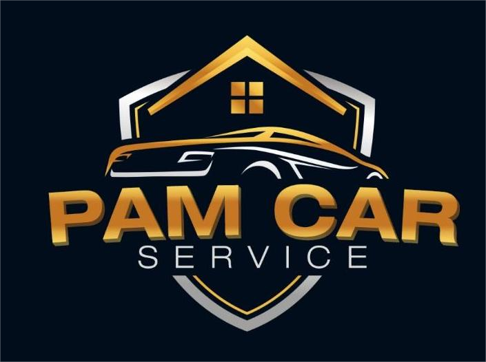 Logo for Pam Car Service: a gold and white car silhouette with a house on top, within a shield. Dark blue background.