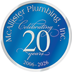 McAllister Plumbing Inc. 20th anniversary logo, blue and silver circle, celebrating 20 years from 2006 to 2026.