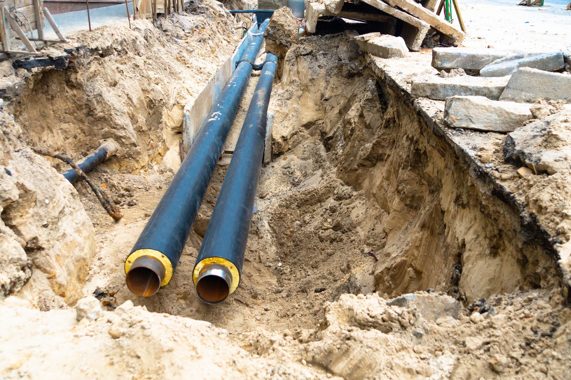 Two insulated pipes lying in an open dirt construction trench.