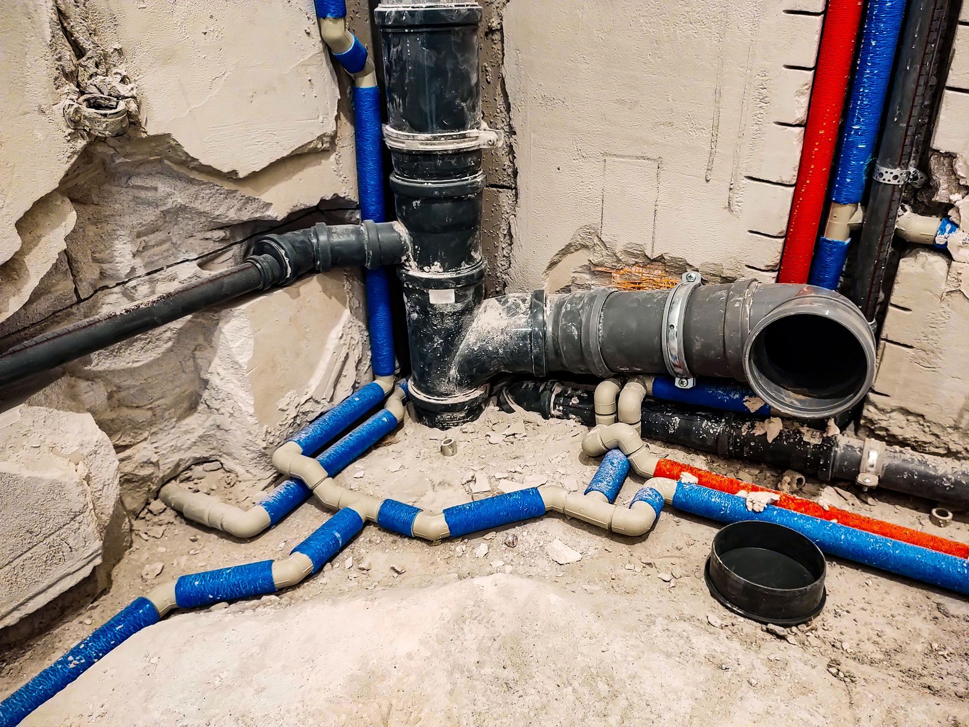 Plumbing installation featuring a vertical black waste pipe with connected gray drains and blue water supply lines.