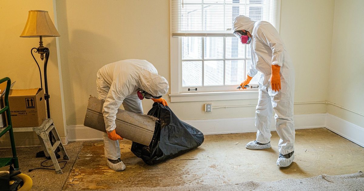 Two workers wearing hazmat suits are inside a house while placing sections of a carpet into a bag.