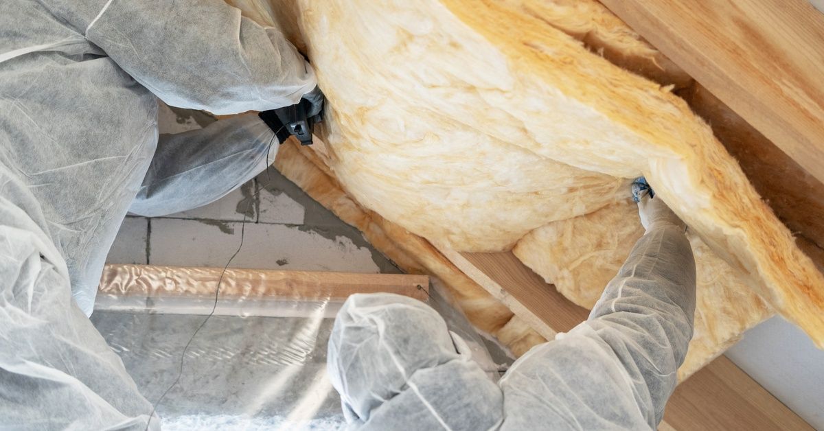 Two people wearing PPE install new insulation in an attic. One is using a staple gun.