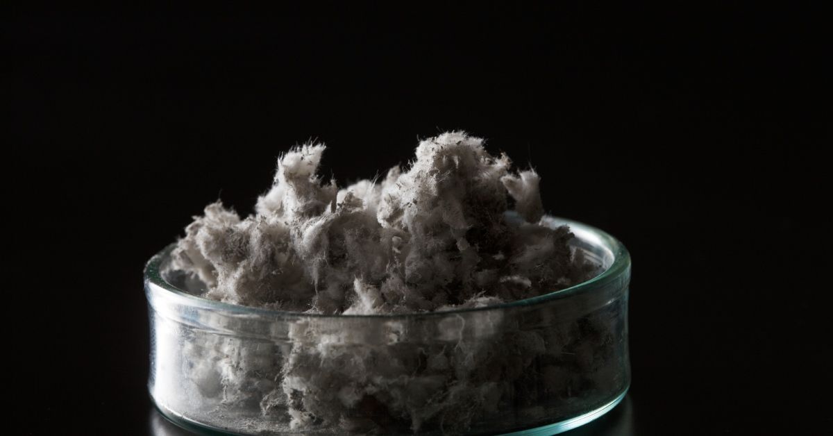 A clear container holds asbestos fibers against a black background. A soft light reflects off the co