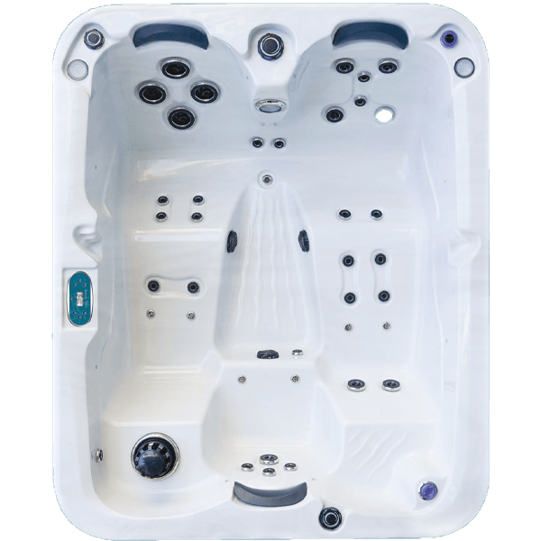 Un jacuzzi blanc avec beaucoup de jets sur fond blanc.