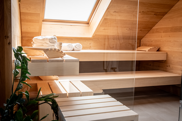 Un sauna en bois avec une porte vitrée et un puits de lumière.