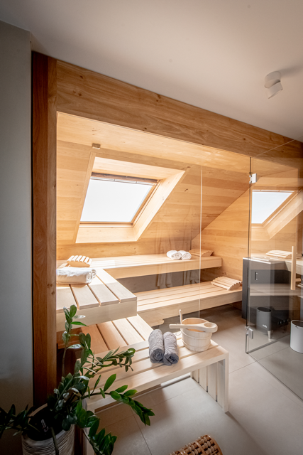 Un sauna en bois avec une porte vitrée et un puits de lumière.