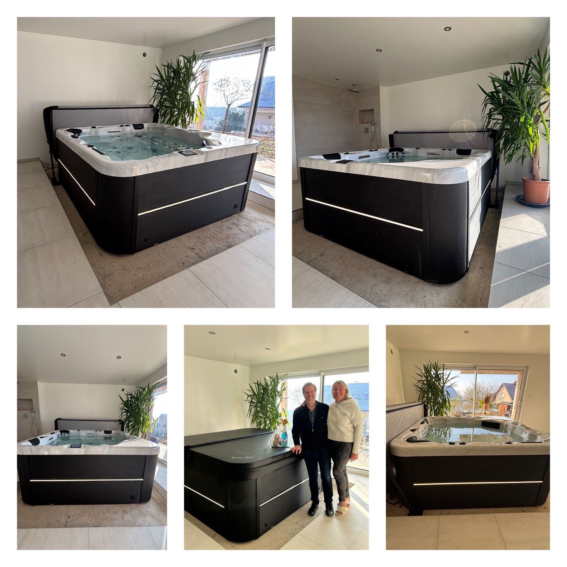 Un couple debout devant un grand bain à remous