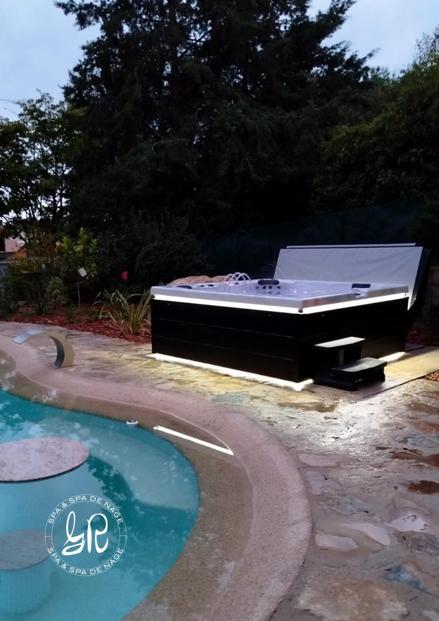 Un jacuzzi noir se trouve à côté d'une piscine
