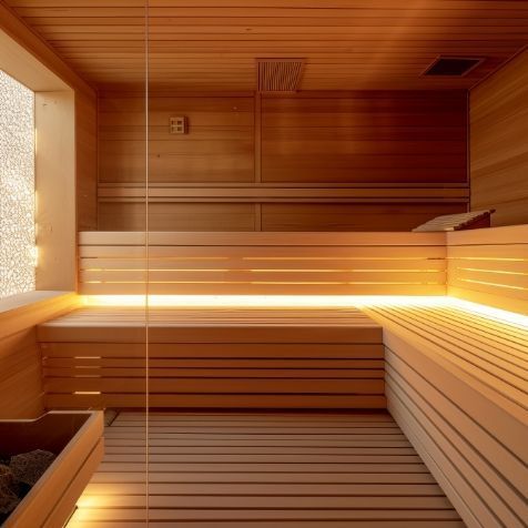 Un sauna en bois avec une porte vitrée et une fenêtre