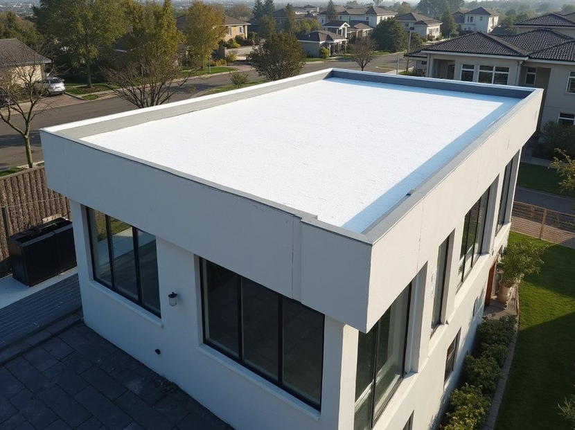 White flat roof building in a suburban neighborhood on a sunny day.