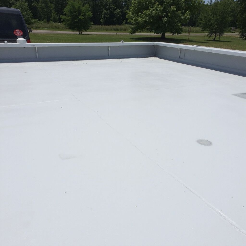 White rooftop with a vehicle in the background, surrounded by a low wall, under a bright sky.