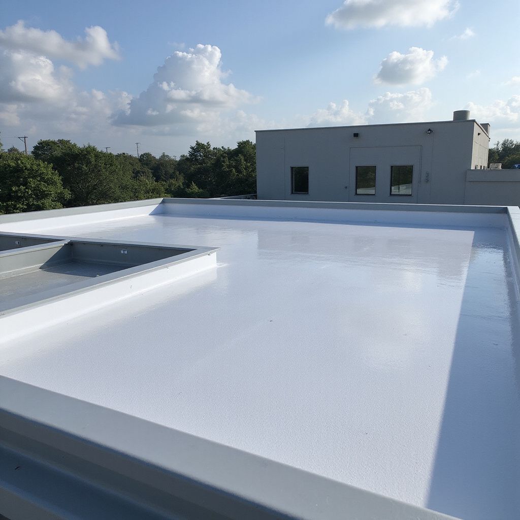 White, reflective flat roof on a building with sky and trees in the background.