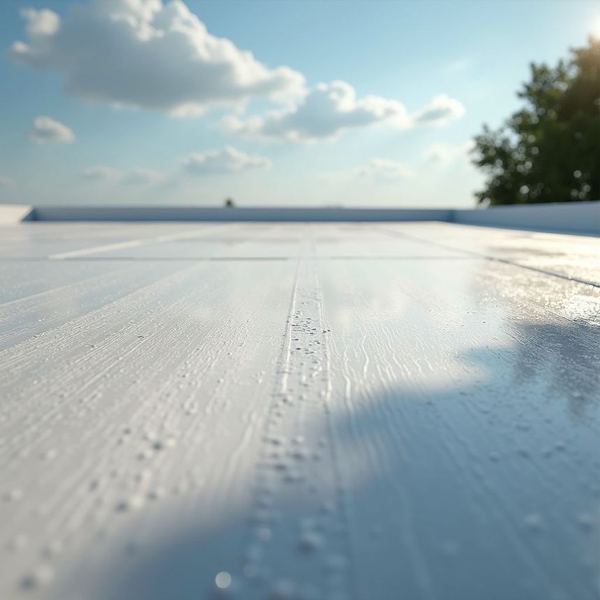 White, reflective flat roof under a blue sky with scattered clouds. Tree silhouette in background.