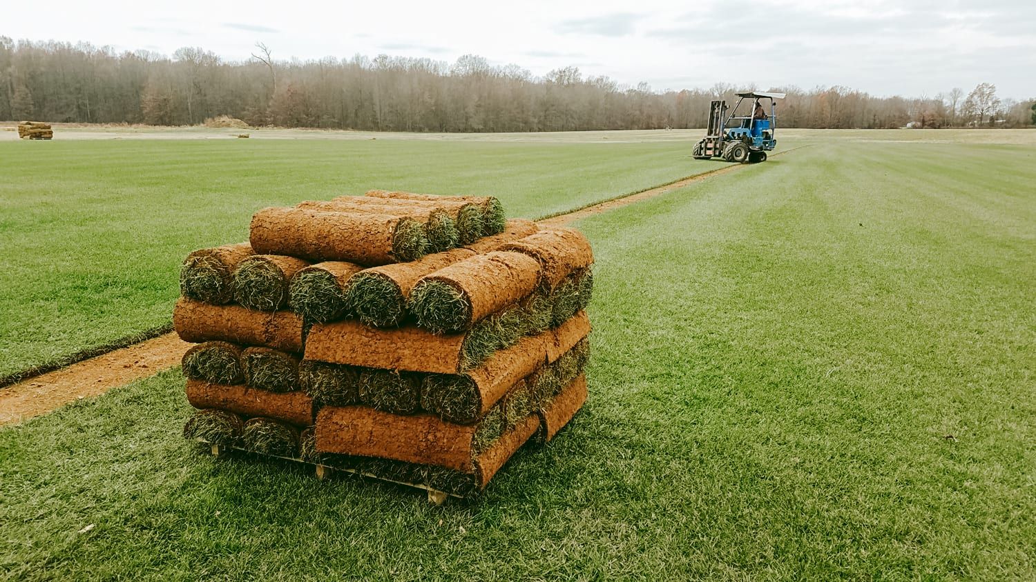 A stack of turf rolls sitting on top of a lush green field.