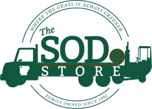 A logo for the sod store where the grass is always greener