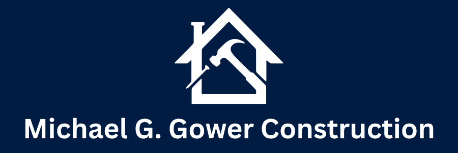 Logo for Michael G. Gower Construction: a white house outline with a hammer, on a dark blue background.