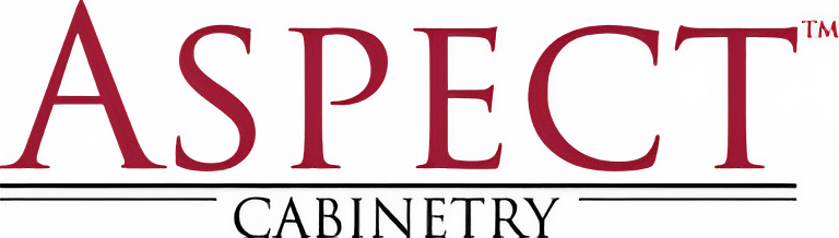 Aspect Cabinetry logo in dark red with a black underline and text