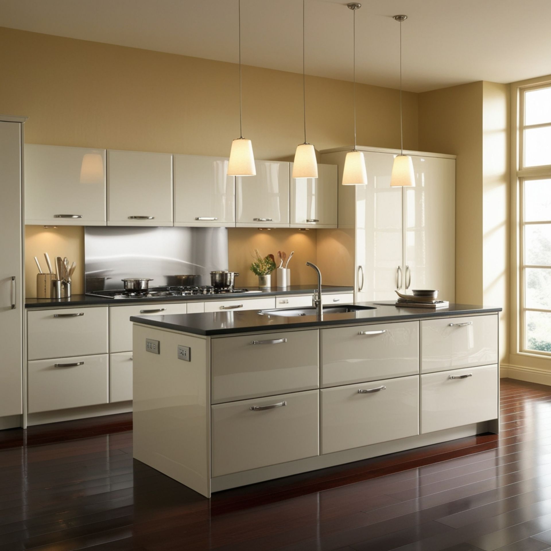 Modern kitchen with cream cabinets, dark countertops, and a central island. Dark wood flooring.