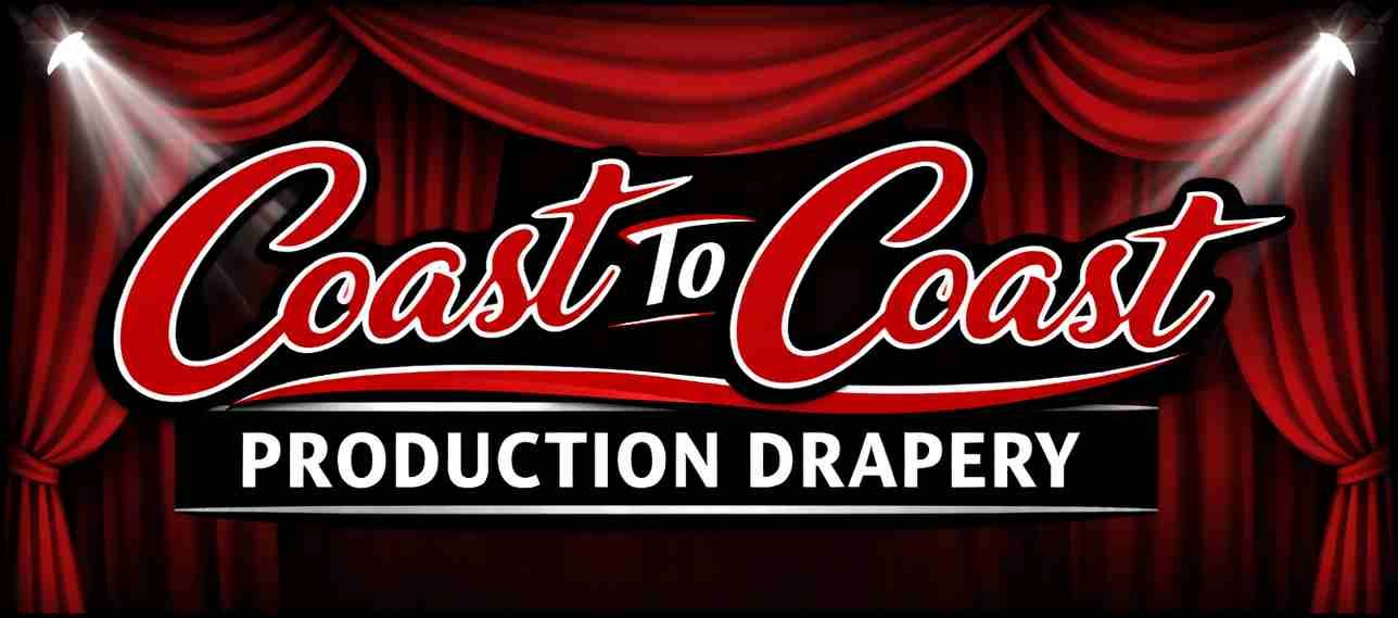 Logo for "Coast To Coast Production Drapery" with red curtains and spotlights.