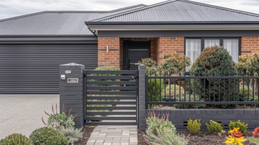 Modern Vail brick home with dark gray roof, garage, and fence