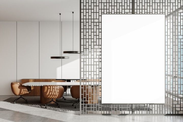 Office interior with whiteboard on decorative partition