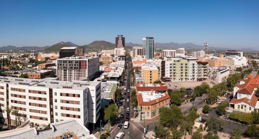 Clear blue sky over downtown Tucson skyline