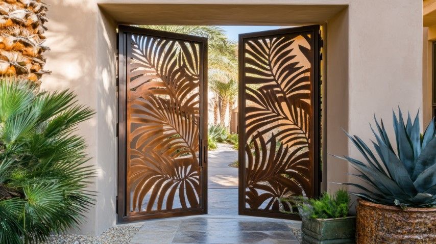 Two open, ornate metal gates with palm leaf cutouts