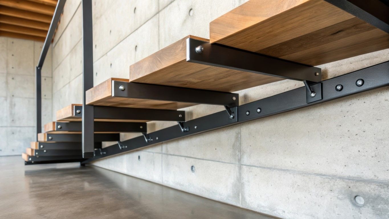 Modern wooden staircase with metal supports attached to a concrete wall