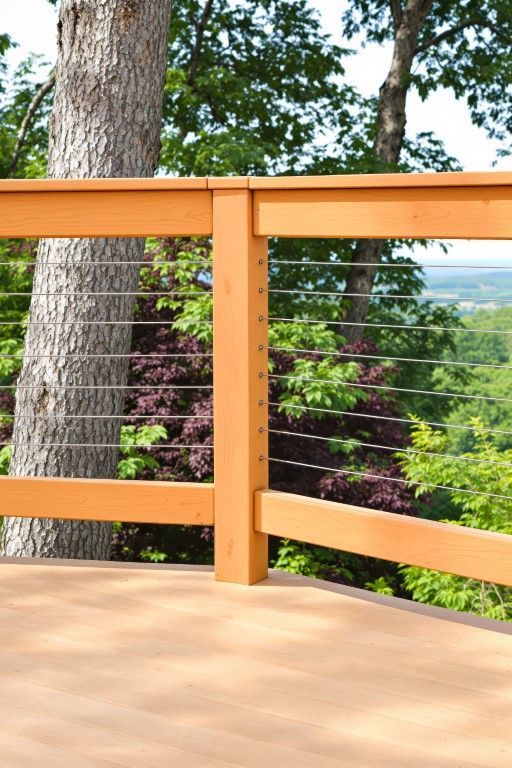 Wooden deck railing with steel cables overlooking a landscape