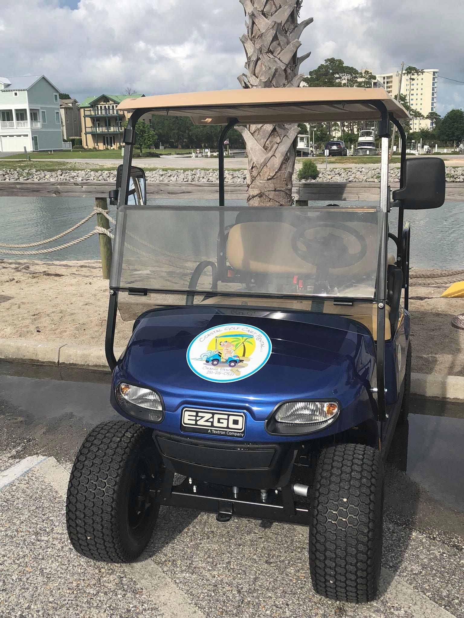 A dark blue golf cart with knobby tires parked on a gravel surface near a body of water and a palm tree.