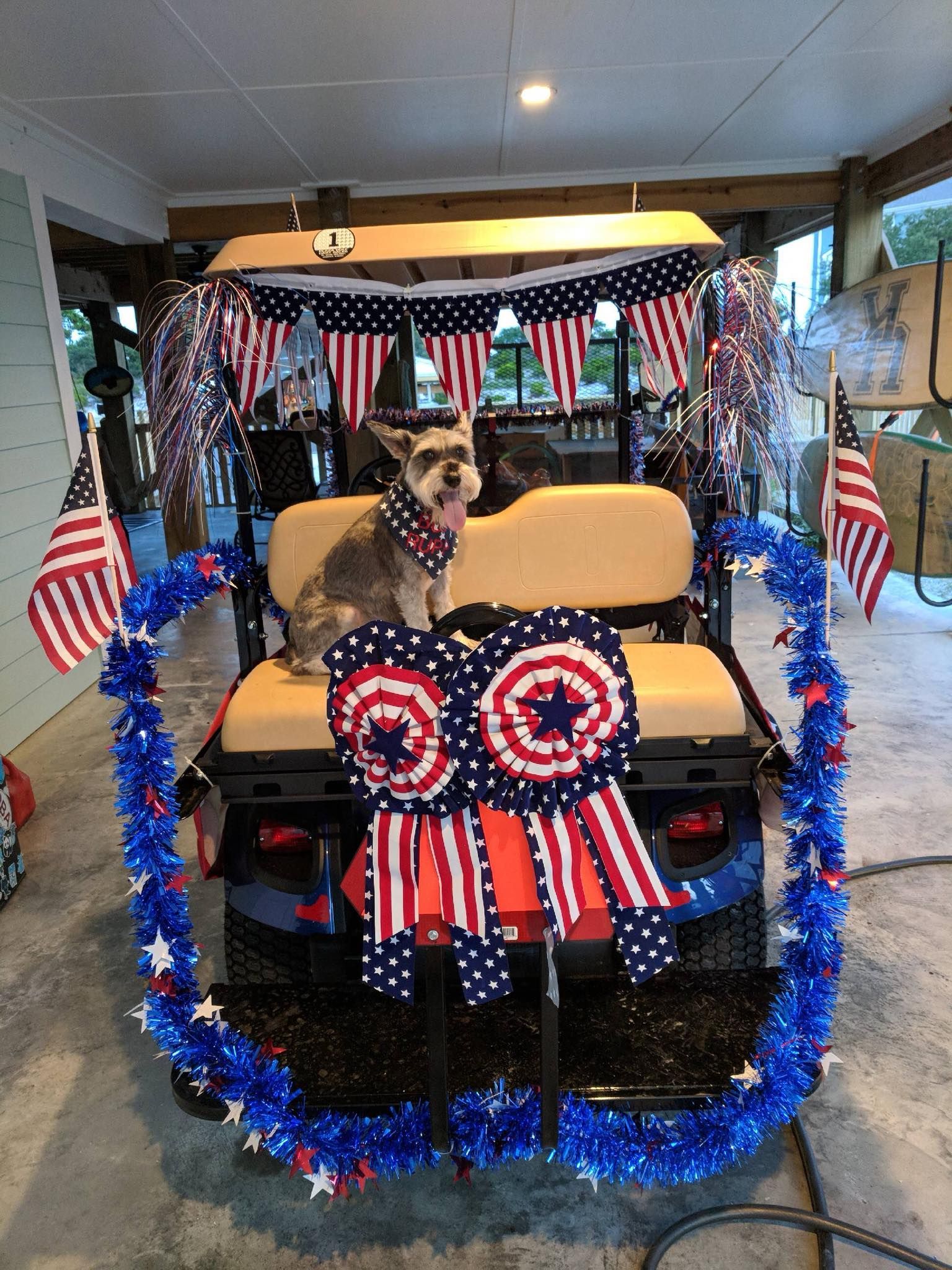 A small dog wearing a flag bandana sits on a golf cart decorated with American flag pennants, tinsel, and rosettes.