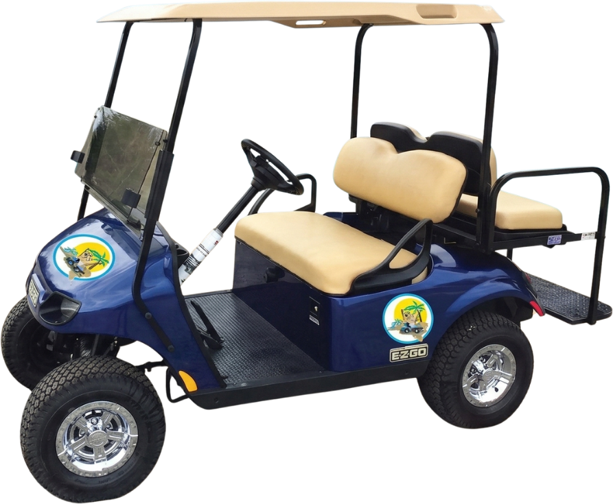 A blue, four-passenger golf cart with a tan roof and seats, chrome wheels, and circular logos on the front and side.