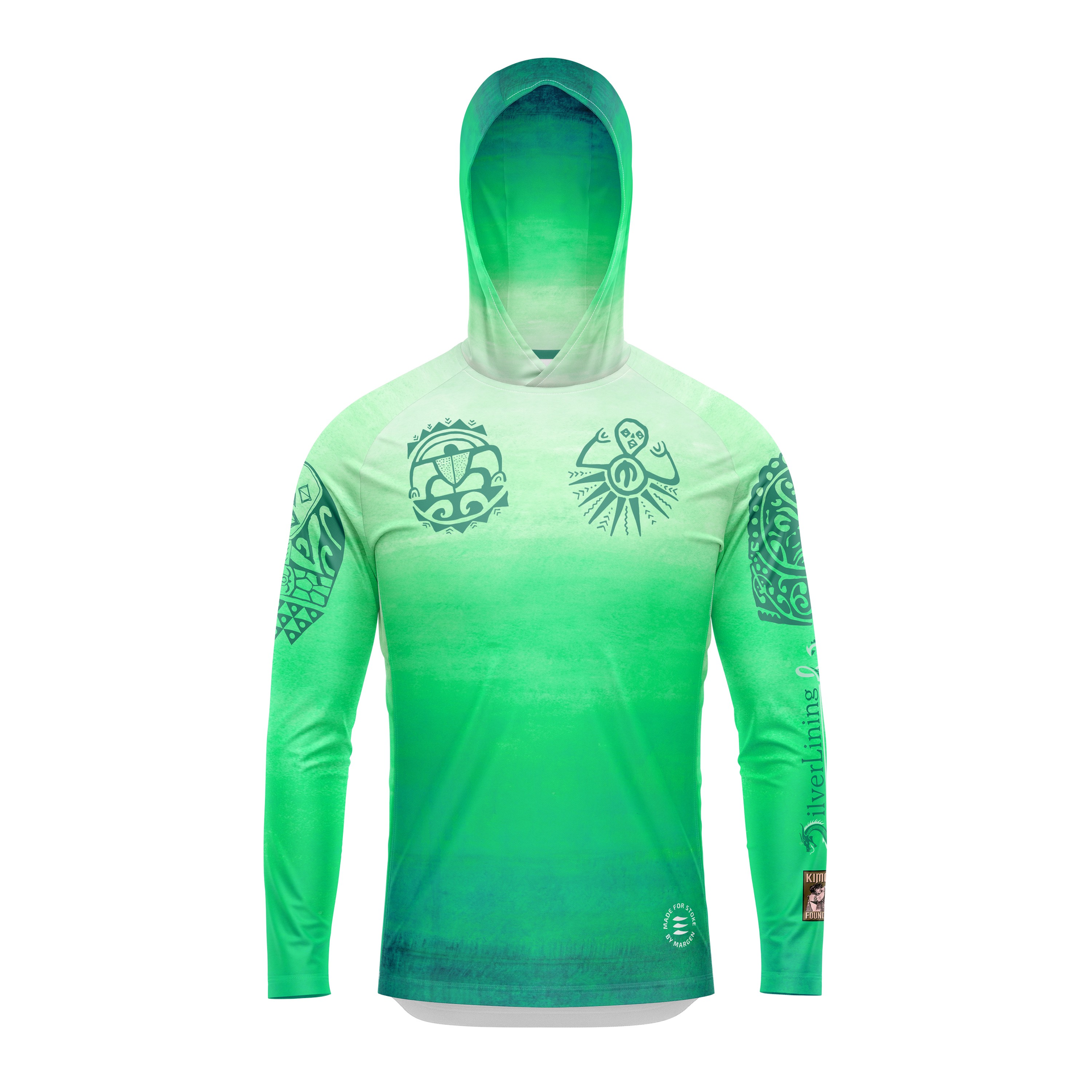 A yellow and orange hoodie with a hood is standing next to a boat.