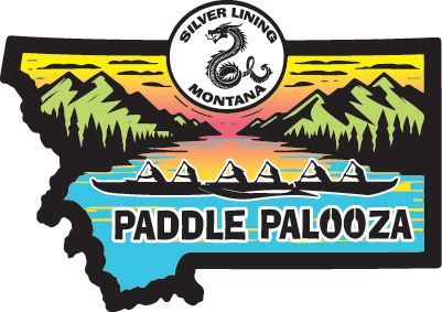 A logo for paddle palooza in montana with mountains in the background