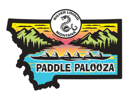 Graphic of Montana state silhouette featuring mountains, a lake with kayaks, a dragon logo, and text: Paddle Palooza.