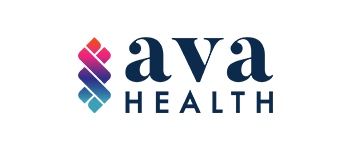 The logo for ava health is a blue and red logo.