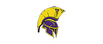 A yellow and purple spartan helmet on a white background.
