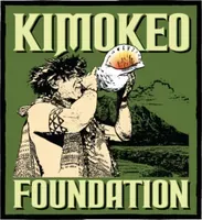 Kimokeo Foundation logo: Man blowing conch shell, mountains in background. Green, tan.