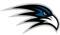 Blue and black hawk head logo with silver outline, facing left.