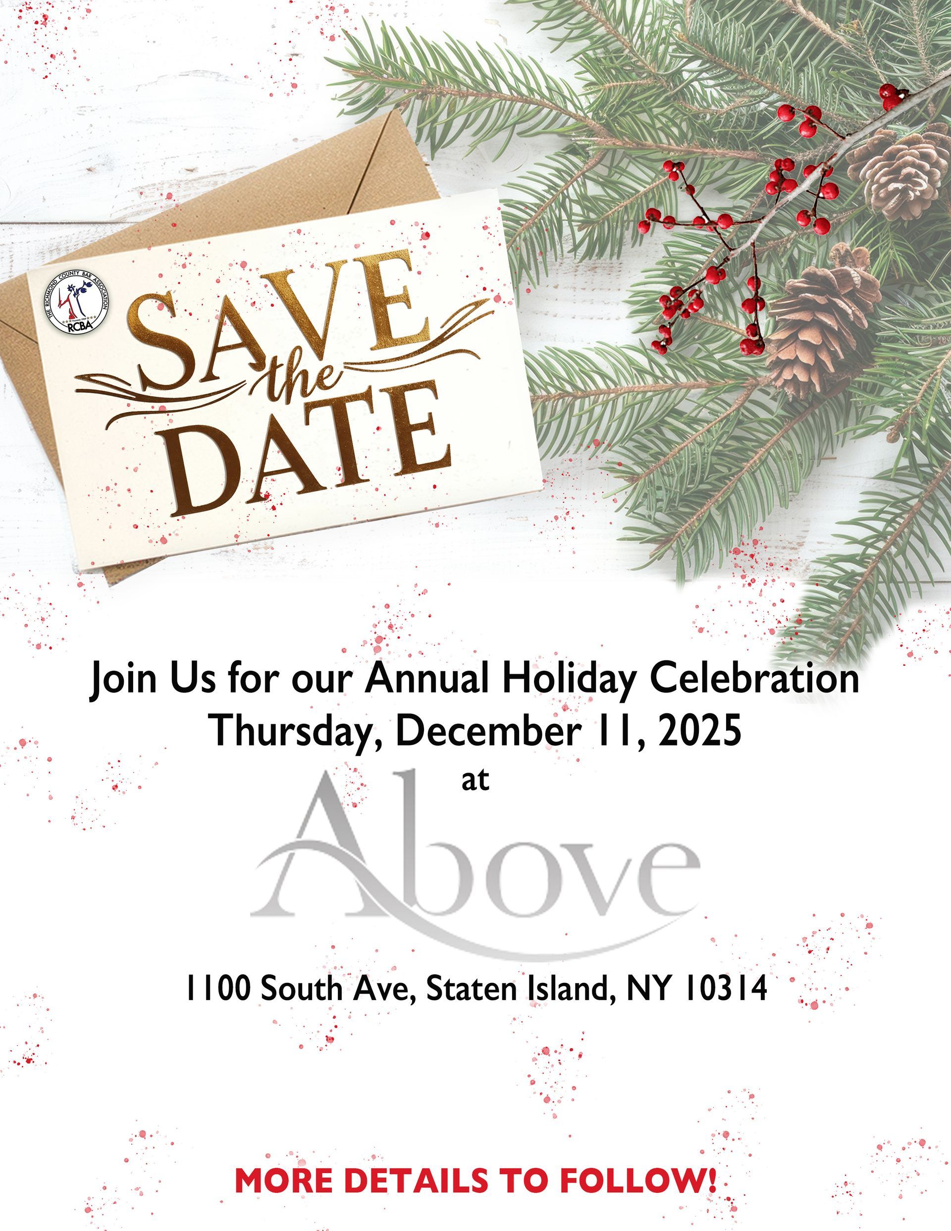 Holiday celebration save the date invitation: includes text, greenery, and venue details for Above, Staten Island.