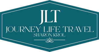 Teal logo for Journey Life Travel featuring the initials JLT, the full name, and the name Sharon Krol above a lotus icon.