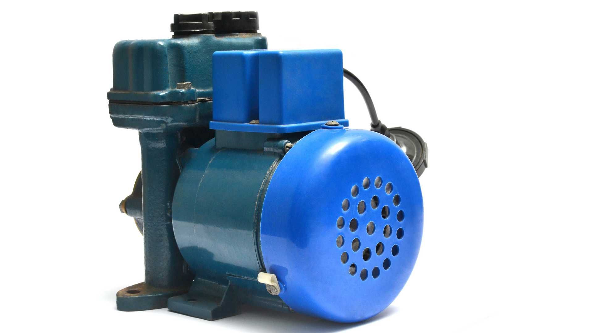 A blue water pump with a blue cover on a white background