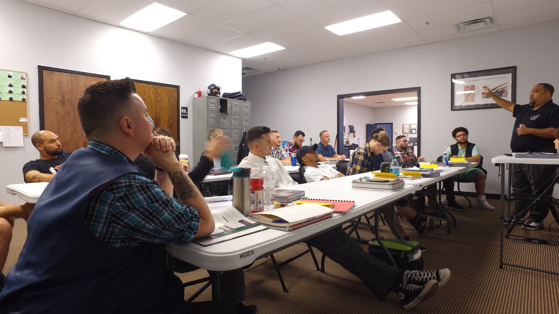 A group of people are sitting at tables in a room.