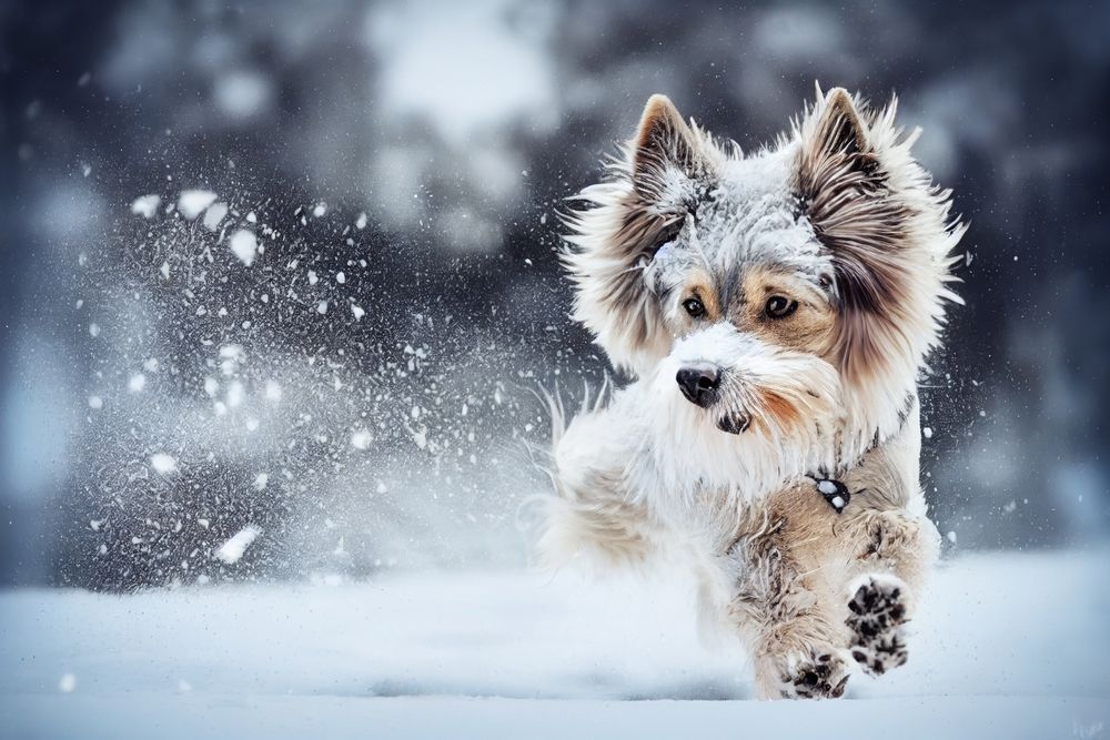Dog playing in snow 