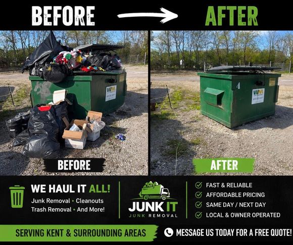 Before-and-after of a cleaned green dumpster area, with trash removed and a neat lot behind it.