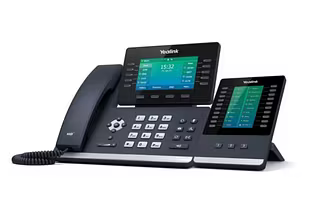 Black Yealink IP phone with two color LCD screens and a sidecar.