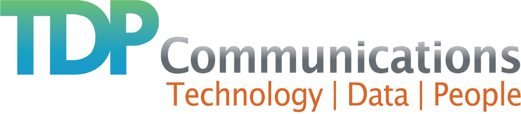 TDP Communications logo with "Technology | Data | People" tagline. The TDP text is blue to green, and the tagline is orange.