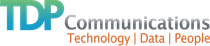 TDP Communications logo with "Technology | Data | People" tagline. The TDP text is blue to green, and the tagline is orange.