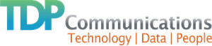 TDP Communications logo with "Technology | Data | People" tagline. The TDP text is blue to green, and the tagline is orange.