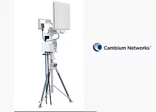 Cambium Networks wireless broadband equipment mounted on a tripod. White and blue.